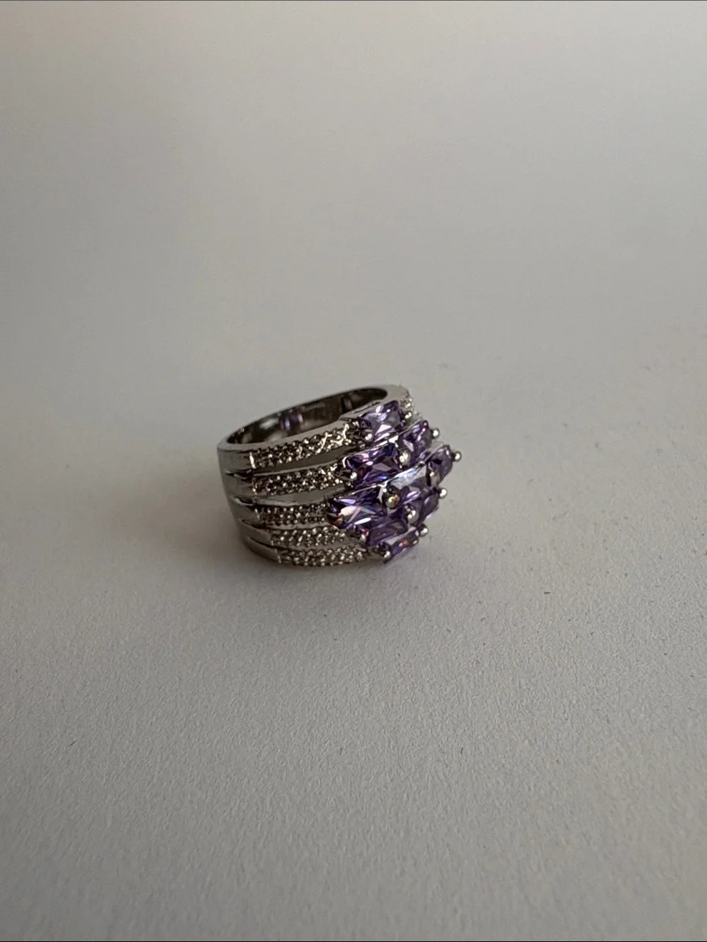 Purple Amethyst Cocktail Ring 9 Baguette Stones Size 7 Silver